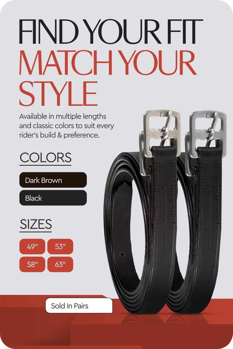 HORZE Genuine Leather English Riding Stirrup Leathers Pair | Adult Sizes - Black - 57 in - Image 2